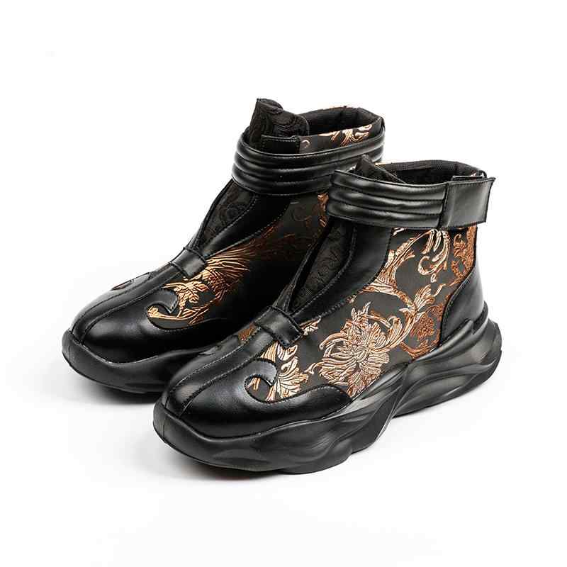 ブーツ メンズ 中国風 民族風 刺繍 厚底 ソフトソール 本革 牛革 ハイカット ラウンドトゥ ミドルヒー..