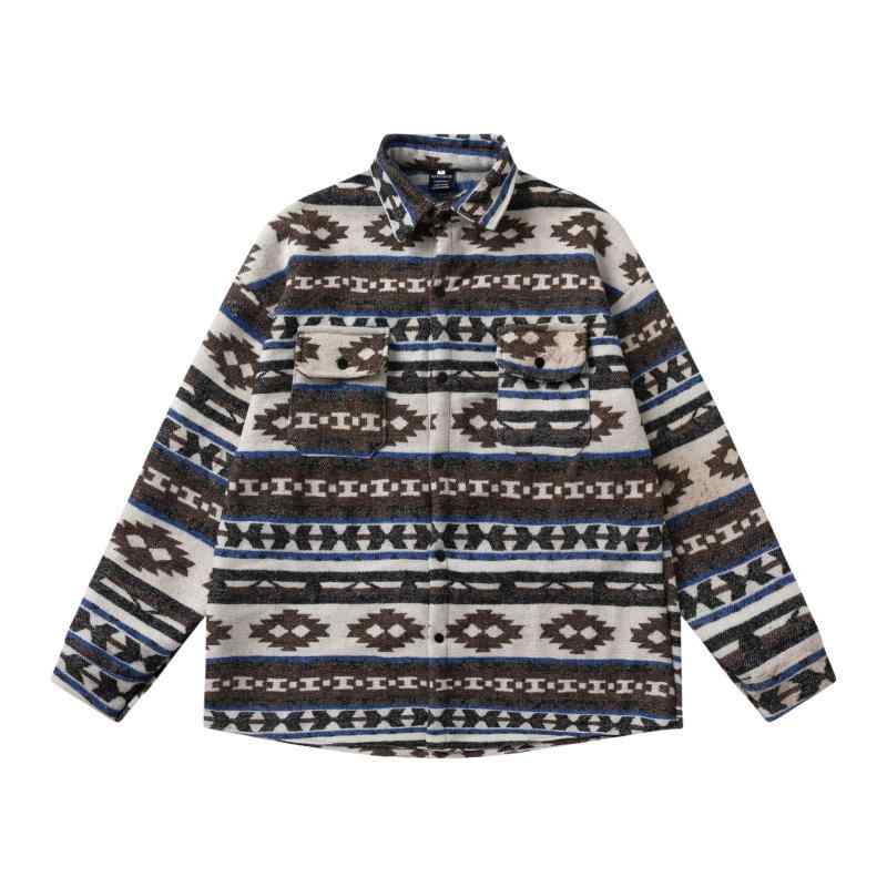 シャツ メンズ 男女兼用 レトロ ストリート ファッション シャツジャケット オーバーサイズ 厚手 ウール調 ポリエステル綿混 ストライプ柄 長袖 襟付き カジュアル