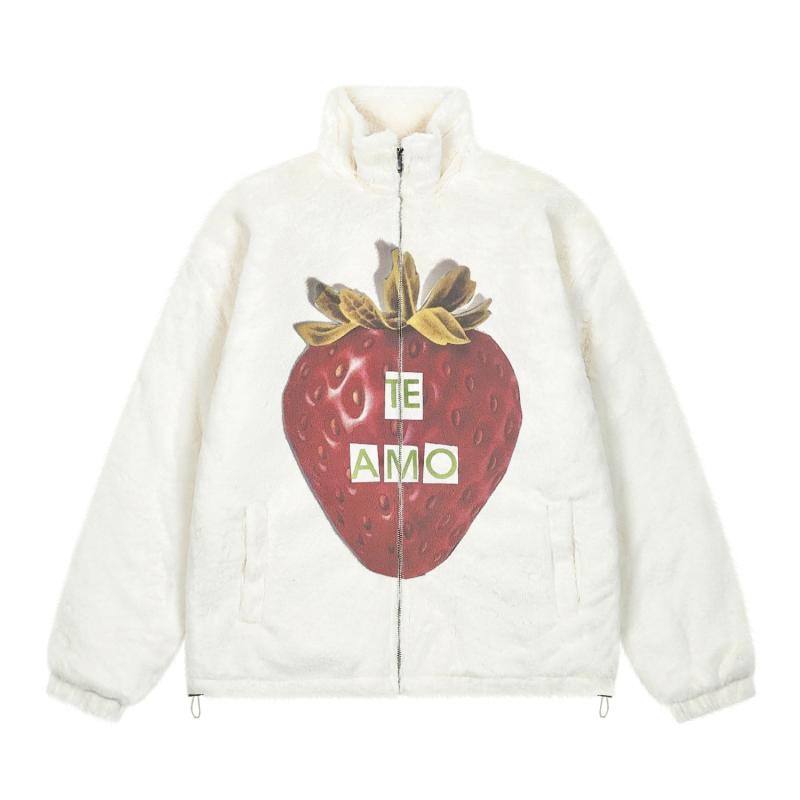 中綿ジャケット 男女兼用 アメリカンヴィンテージ いちご柄 ボア スタンドカラー 厚手 保温 防寒 ジップアップ サイドポケット ミドル丈 冬 カジュアル ポリエステル オフホワイト