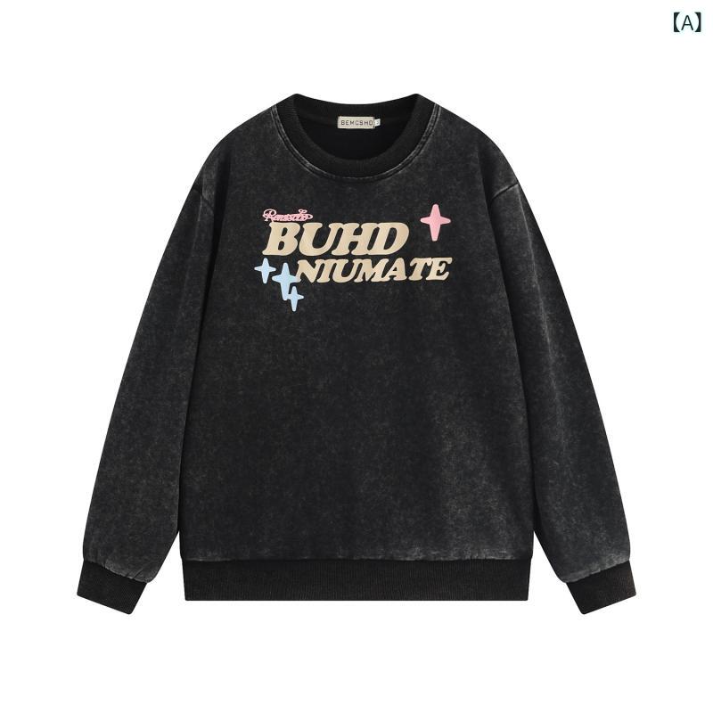 スウェット 男女兼用 秋冬 ストリート系 クルーネック ウォッシュ加工 スパイダー プリント ルーズシルエット 個性的 デザイン コットン トップス カジュアル