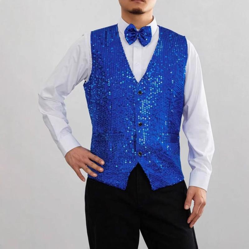ベスト メンズ スパンコール Vネック シングルブレスト 舞台 衣装 ステージ パーティー イベント 結婚式 司会 ホスト ダンス フォーマル 光沢 キラキラ ポリエステル 秋冬