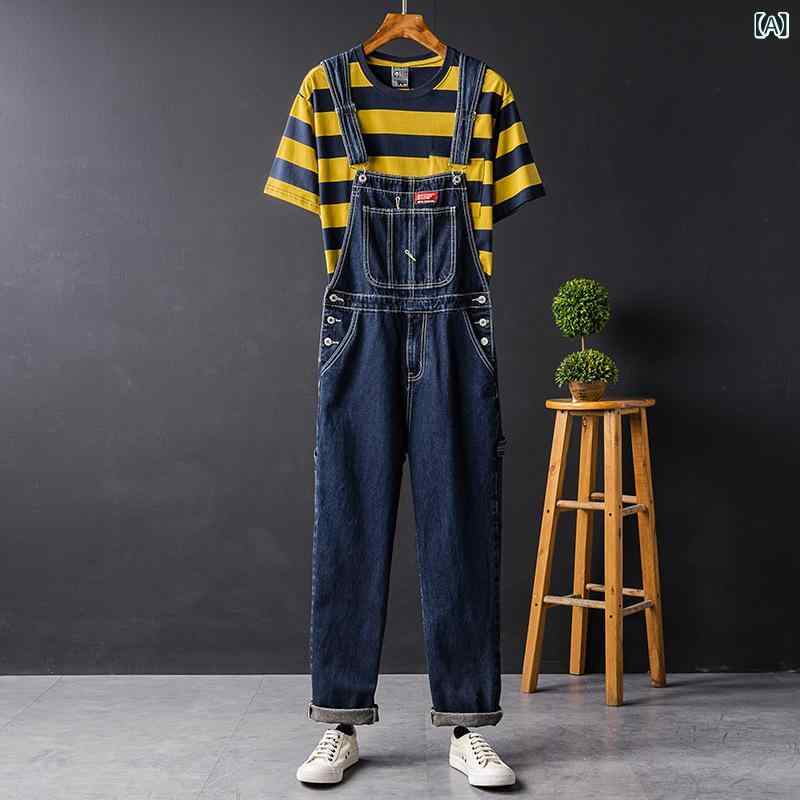 デニム オーバーオール サロペット メンズ レトロ アメカジ ワークスタイル ゆったり ストレートシルエット ウォッシュ加工 ロング丈 ミドルウエスト カジュアル デイリーユース オールシーズン ブルー