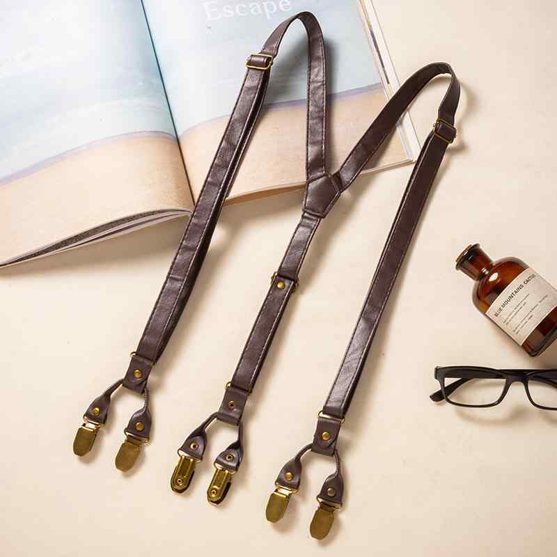 サスペンダー 男女兼用 アメリカンレトロ PUレザー 強力6クリップ 滑り止め X型 2cm幅 ズボン吊り 調節..