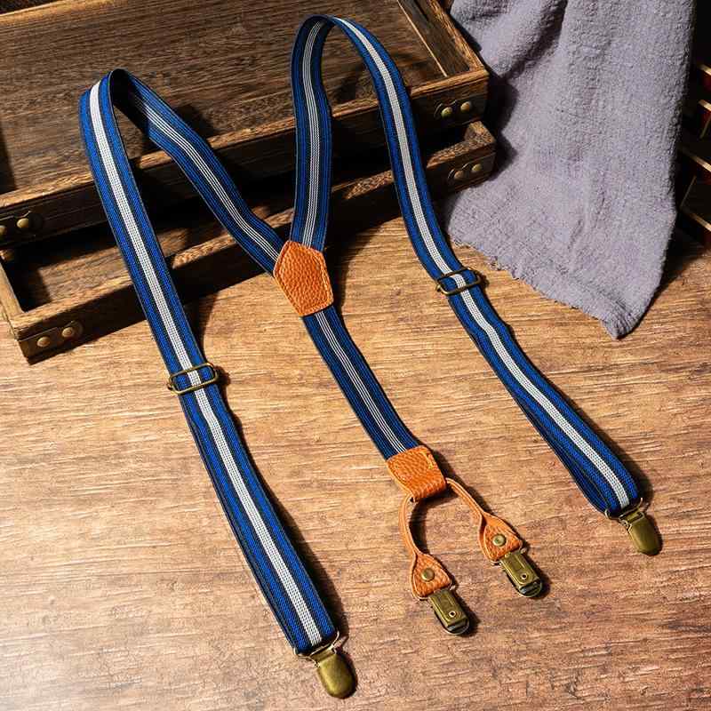 サスペンダー 男女兼用 大人用 ストライプ柄 伸縮性 Y型 4クリップ 滑り止め ゴム素材 幅2.5cm ズボン吊り ビジネス カジュアル 長さ調節 ブルー