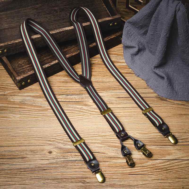 サスペンダー 男女兼用 大人用 クラシック レトロ ストライプ柄 滑り止め 高伸縮性ゴム素材 クロスタイプ ズボン吊り 大きいサイズ 4クリップ