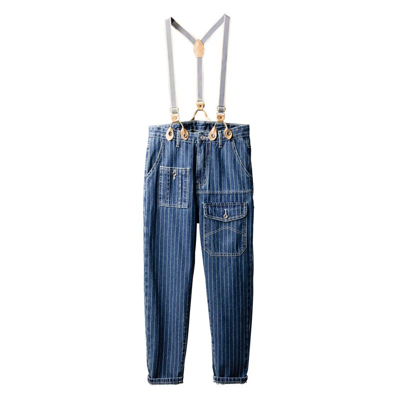 オーバーオール メンズ アメリカン レトロ ストライプ デニム 取り外し可能 サスペンダー スリム テー..