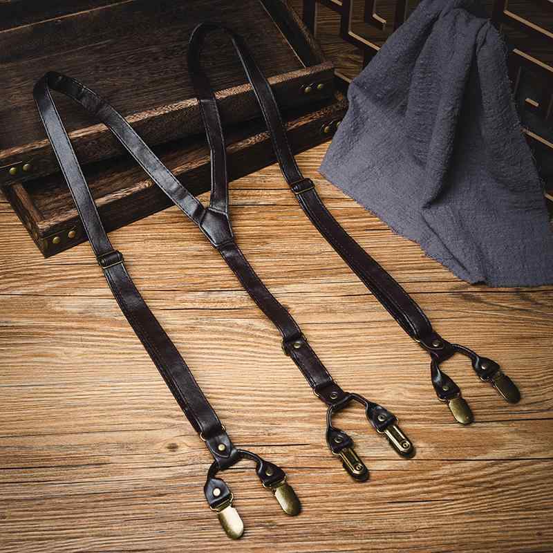 サスペンダー 男女兼用 ユニセックス ブリティッシュ クラシック 紳士 PUレザー 6クリップ 強力 滑り止..