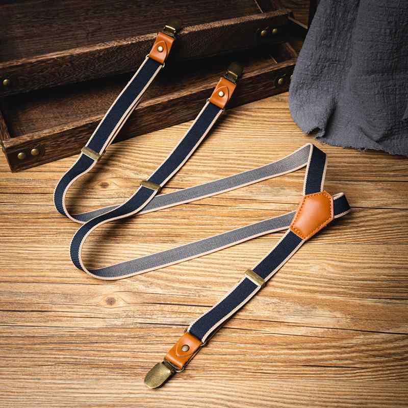 サスペンダー 男女兼用 ユニセックス X型 3点留め 伸縮性 ストレッチ 滑り止め ズレ防止 長さ調節可能 レトロ ブリティッシュ コリアン カジュアル 普段使い ズボン吊り レトロブルー
