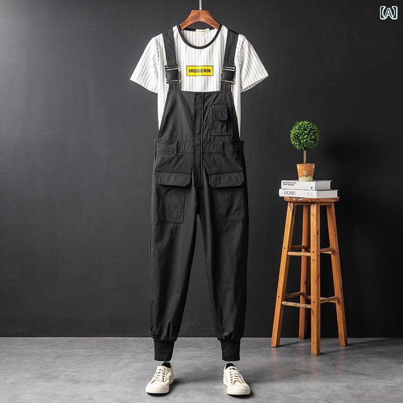 オーバーオール メンズ HIP HOP ストリート ワーク カジュアル 韓国風 スリムフィット テーパード マルチポケット 薄手 速乾 イージーケア 春夏 ブラック カーキ