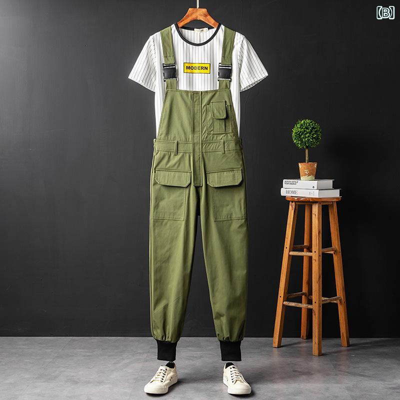 オーバーオール メンズ HIP HOP ストリート ワーク カジュアル 韓国風 スリムフィット テーパード マルチポケット 薄手 速乾 イージーケア 春夏 ブラック カーキ