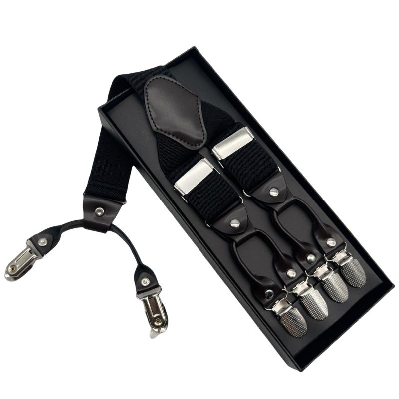 サスペンダー 男性 大人 Y型 6クリップ 調節可能 伸縮性 ゴムバンド マイクロファイバーレザー 金属バックル ビジネス フォーマル カジュアル 普段使い 強力 丈夫 ブラック ベージュ ワインレッド