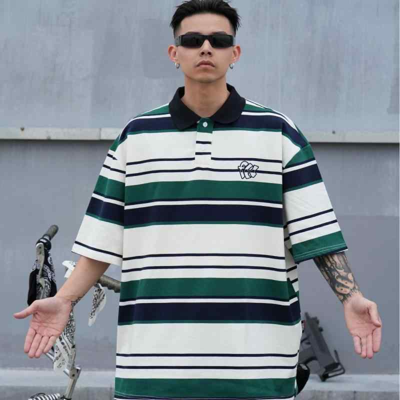 ポロシャツ アメリカンウェストコースト オールドスクール チカーノ ヒップホップ 刺繍 ルーズフィット 半袖 ストライプ 厚手 綿 コットン 通気性 洗濯機対応 耐久性 高伸縮性 グリーン グレー 春夏