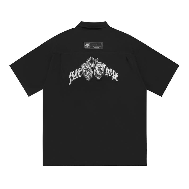 ワークシャツ メンズ ポケット付き ビッグシルエット ゆったり ピエロマスク 刺繍 カートゥーン柄 綿混 耐摩耗 ヒップホップ ストリート 五分袖 スクエアカラー