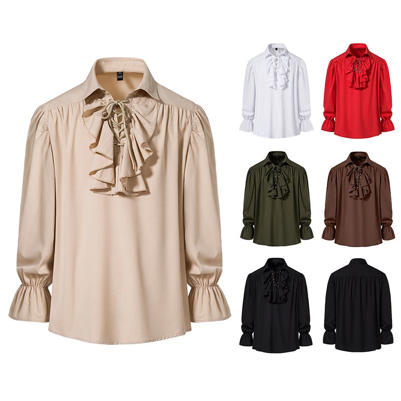 シャツ メンズ レギュラーフィット 中世レトロ クラシック カジュアルスタイル 普段使い 長袖 パフスリーブ 紐付き 襟付き ポリエステル素材 無地 春夏 ブラック ホワイト