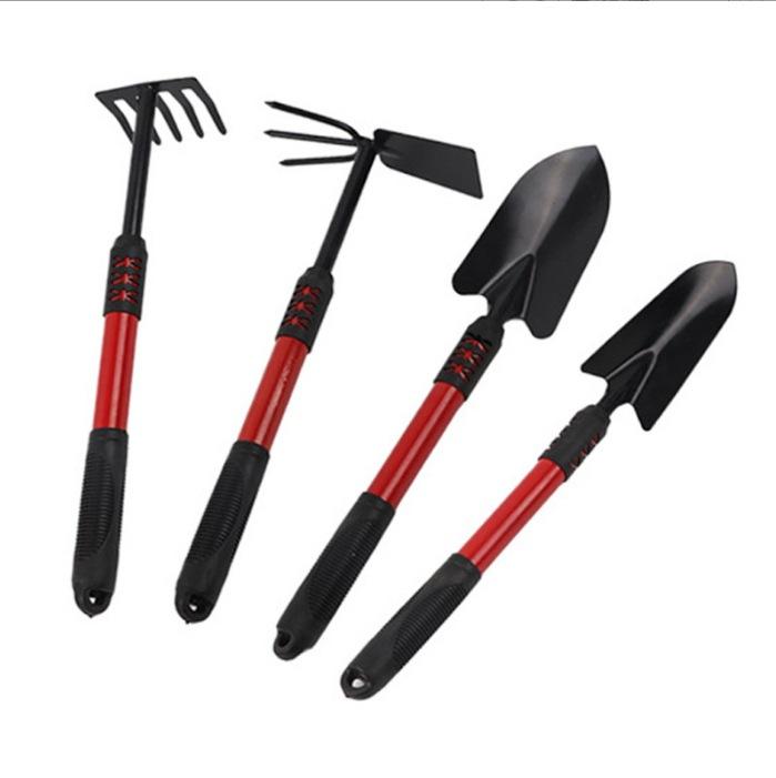 園芸用品 家庭用 4点セット ロングハンドル 鉄製 ガーデニング ツール 鍬 スコップ 熊手 草取り 土掘り 花壇作業 潮干狩り 海遊び用具のサムネイル