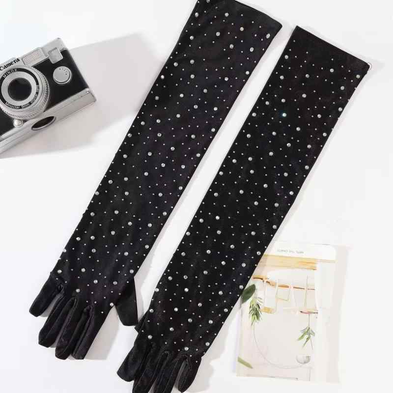 手袋 レディース ラインストーン フルフィンガー ロング 金糸ベルベット ベルベット 礼装 フォーマル ..