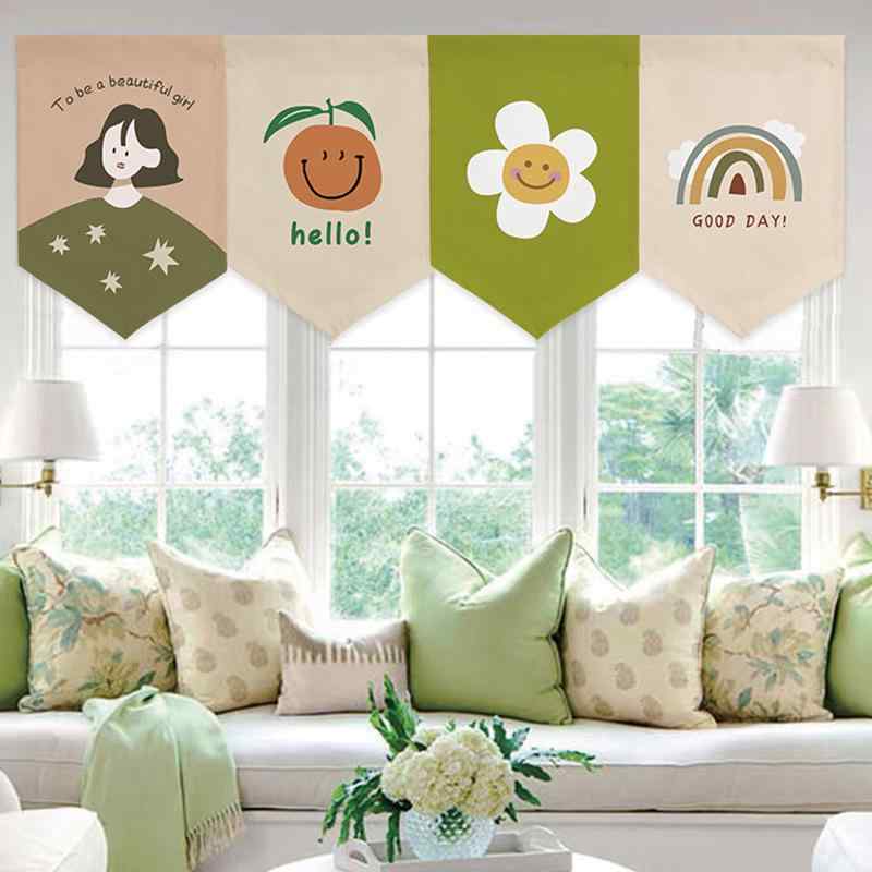 カフェカーテン かわいい キャラクター柄 三角フラッグ キッチン 小窓 目隠し 間仕切り シアー素材 薄手 ショート丈 モダン 装飾用 インテリア