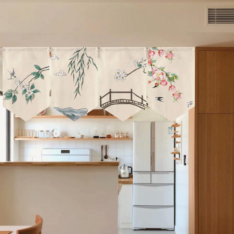 カフェカーテン 中国風 レトロ 三角フラッグ のれん ポリエステル製 キッチン リビング 書斎 玄関 喫茶店 家庭用 間仕切り 目隠し ショート丈 クラシック(x2)