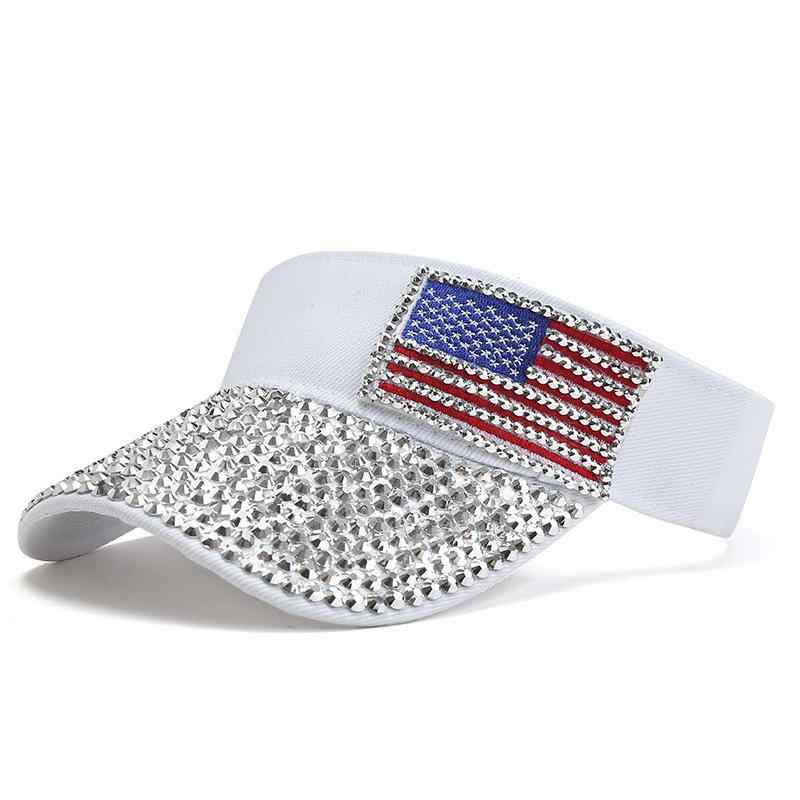 サンバイザー 男女兼用 ラインストーン付き 星条旗 デザイン UVカット 日よけ キャップ 通気性 春夏 ファッション おしゃれ スポーツ ゴルフ テニス アウトドア ブラック ホワイト ポリエステル