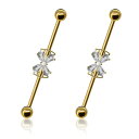 ピアス 男女兼用 ユニセックス 軟骨 耳骨 ヘリックス トラガス インダストリアル ロングバーベル リボンモチーフ ジルコニア サージカルステンレス製 電気メッキ加工 高級感 プラチナカラー ゴールドカラー シルバー