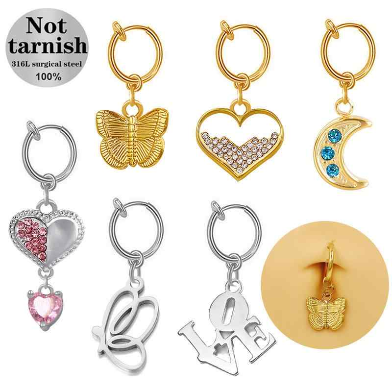 へそピアス ユニセックス ノンホール フェイクピアス バタフライ 蝶 ハート 揺れる チャーム 簡単装着 ..