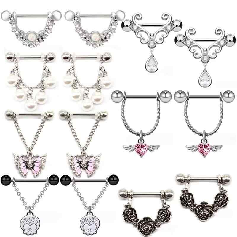 ニップルリング 男女兼用 ステンレス 欧米風 羽根 蝶 ローズ チェーン ハート パール オパール スカル ..
