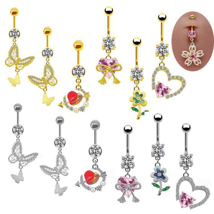 へそピアス ユニセックス 矢とハート 花モチーフ 銅製 電気メッキ加工 ファッション トレンド かわいい..