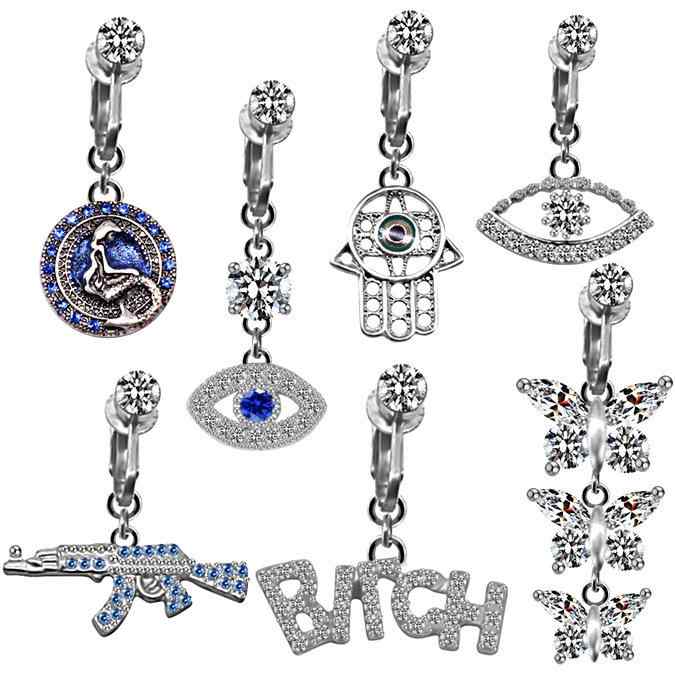 ノンホール フェイク へそピアス イヤーカフ 2WAY 欧米風 蝶 アルファベット ハート アイ モチーフ 男女兼用 合金製 電気メッキ加工(x5)