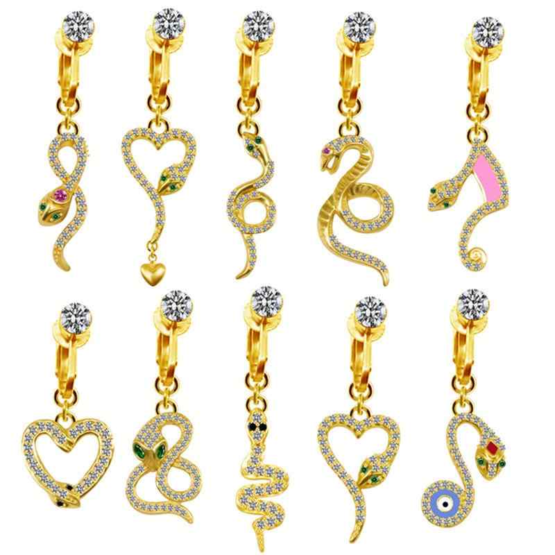 ボディピアス ユニセックス 蛇モチーフ ハート型 銅製 電気メッキ加工 へそピアス ノンホール クリップ式 へそピアス風 欧米風 カジュアル ファッション アクセサリー(x5)