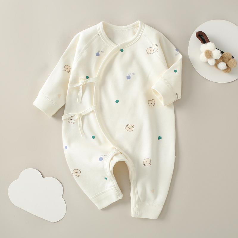 ロンパース 新生児 男の子 女の子 男女兼用 綿100% コットン 長袖 斜め合わせ 紐結び 打ち合わせ フラットシーマ縫製 肌に優しい A類安全基準 オールシーズン カバーオール ベビーウェア