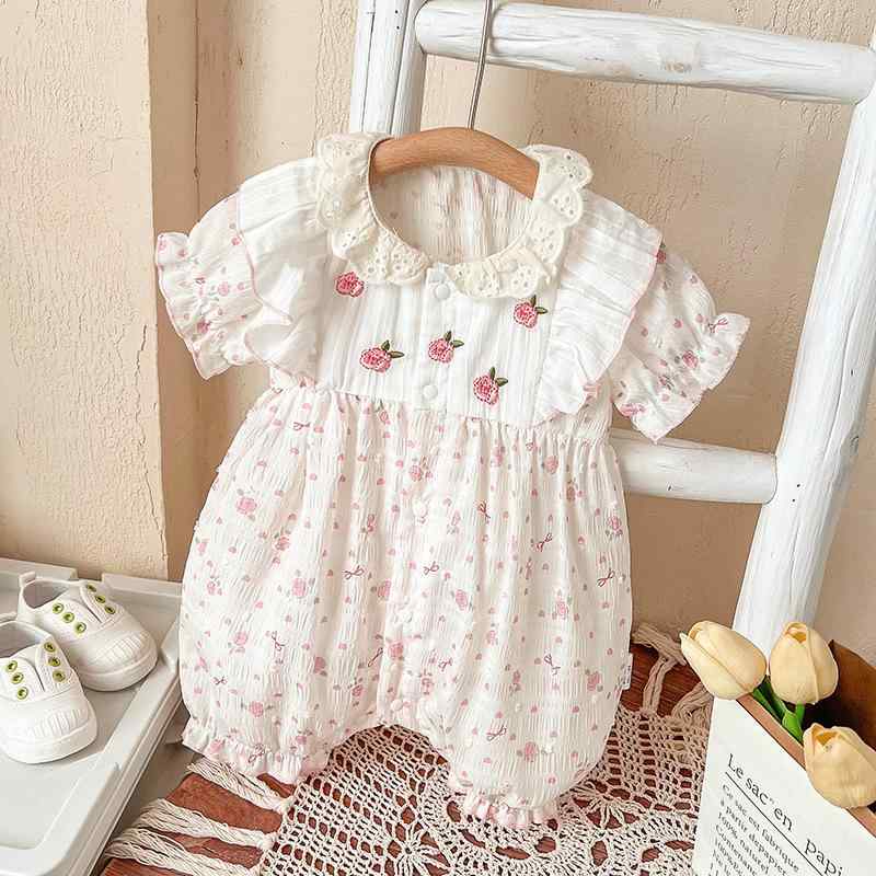 ロンパース ベビー 女の子 新生児 春夏物 かわいい チェリー柄 カバーオール ボディスーツ 半袖 お出かけ スナップボタン 韓国ファッション ポリエステル素材 縫い目なし