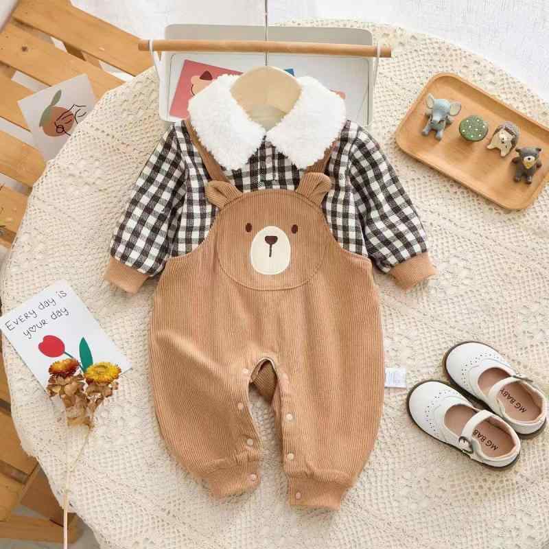 カバーオール ロンパース ベビー 新生児 秋冬 裏起毛 厚手 暖か 防寒 襟付き くま ベア グレンチェック 切り替え 綿 お出かけ着 ブラウン