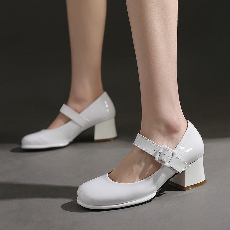 靴 パンプス レディース メリージェーン エナメル スクエアトゥ 厚底 チャンキーヒール ハイヒール ワンストラップ シンプル PUレザー 人工皮革 安定感 歩きやすい 通勤 オフィス 普段使い きれいめ シューズ