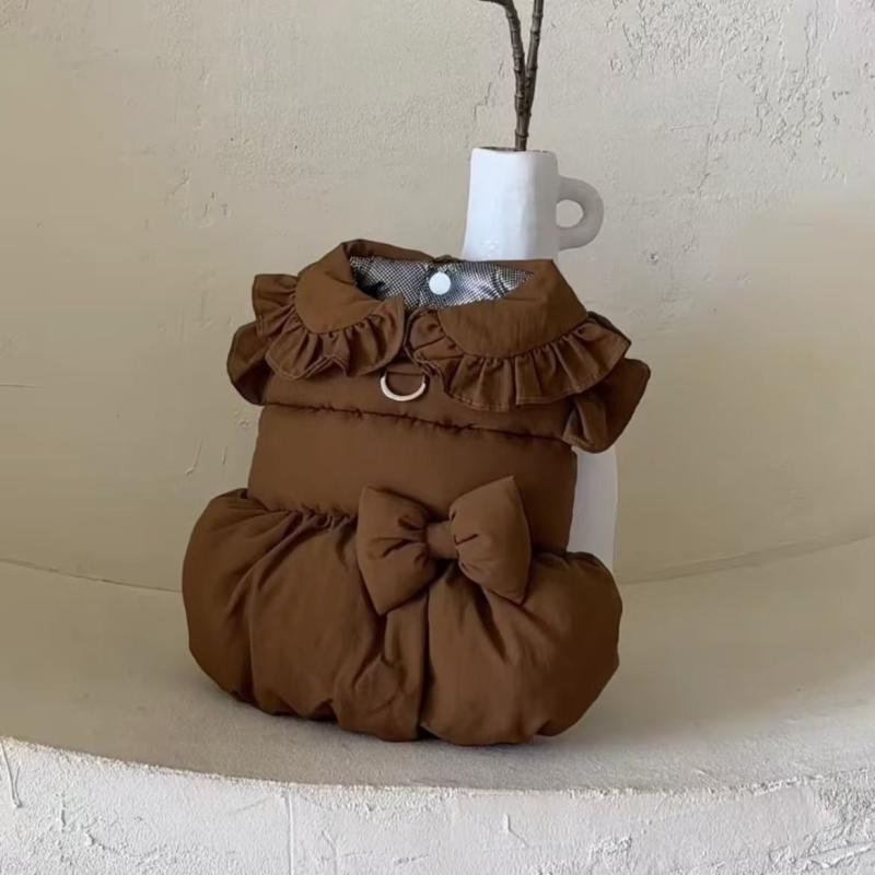 ペット服 猫用 小型犬用 プリンセス風 リボン ワンピース ポリエステル 中綿入り 秋冬 防寒 リード穴付き