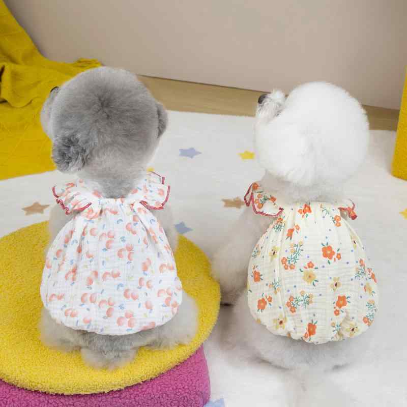ペット服 小型犬 猫用 フリル袖 ワンピース 綿 コットン カジュアル フルーツ柄 小花柄 かわいい おし..