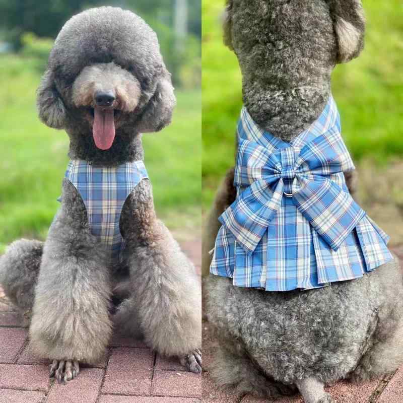 犬服 中大型犬 春夏 JKスタイル チェック柄 ジャンパースカート サスペンダースカート リードフック付..