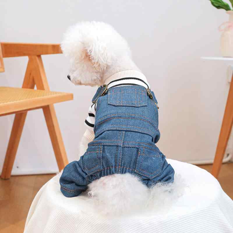 ペット服 犬 猫用 ストライプ柄 デニム サロペット オーバーオール ポリエステル製 カジュアル 定番 お..