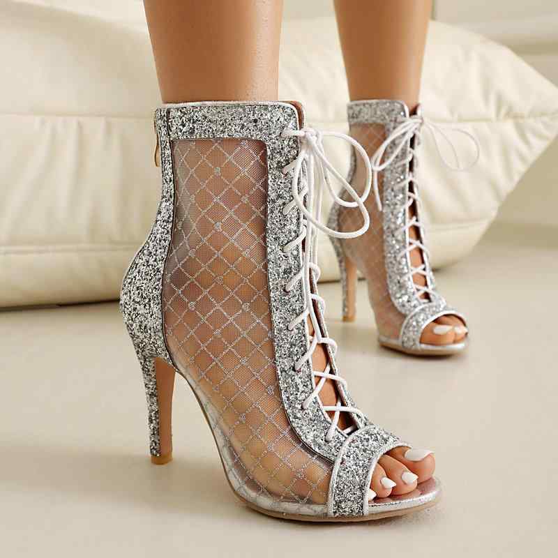 サンダル レディース ジャズダンスシューズ スパンコール 細ヒール ハイヒール オープントゥ カットアウトメッシュ フロントレースアップ 編み上げ ゴム底 ゴールド シルバー ブラック サマー(4)