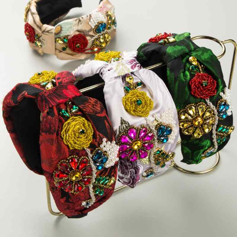 カチューシャ レディース バロック ファブリック 幅広 ラインストーン クリスタル フラワー パール エレガント 上品 個性的 レッド ブラウン レトロ クラシック アンティーク