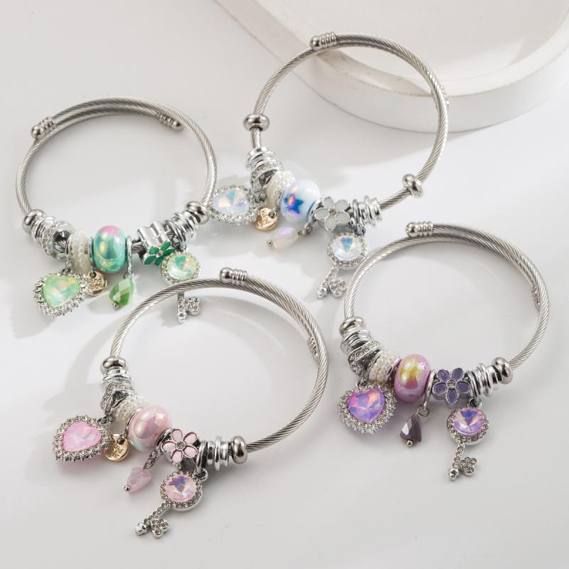 ブレスレット レディース ハート キー フラワー チャーム ステンレス製 合金製 ジルコニア付き サイズ調整可能 ペア カジュアル オフィススタイル ファッショ...