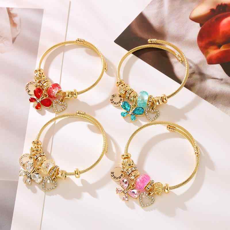 ブレスレット レディース ハート 蝶 ビーズ チャーム ステンレス 合金製 埋め込み ジルコニア 調整可能 カップル ペア ピンク レッド ブルー ホワイト 欧...