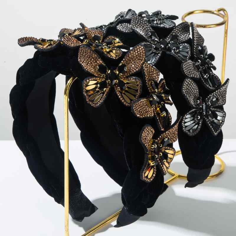 カチューシャ レディース 韓国風 ライトラグジュアリー 上品 蝶 バタフライ ジルコニア装飾 ワイド ベロア 編み込み レトロ アンティーク調 高級感 合金製 ゴールド グレー ヘアバンド ヘアアクセサリー