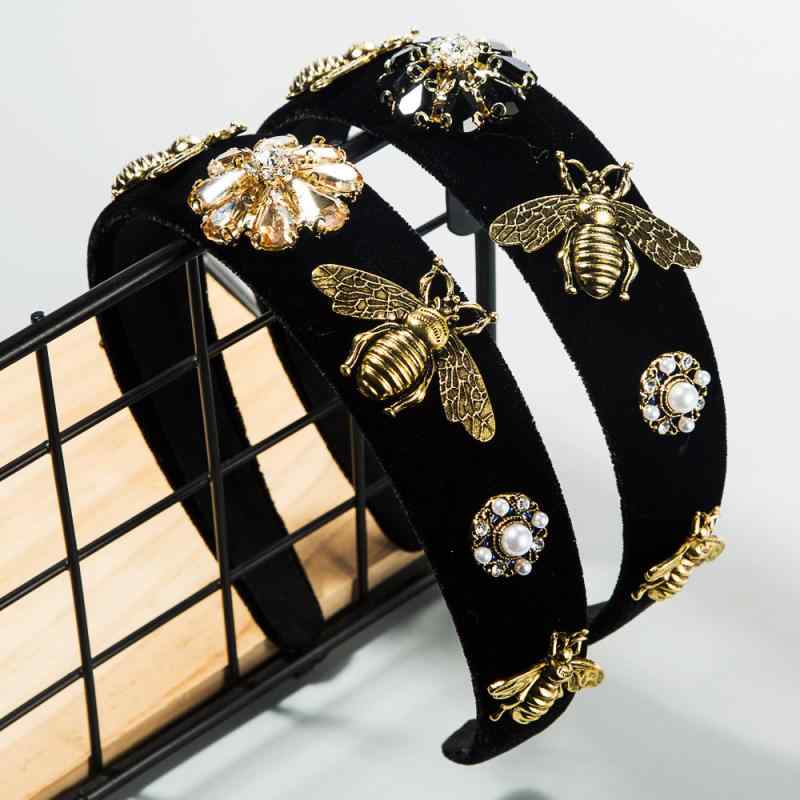 カチューシャ レディース 欧米風 おしゃれ レトロ アンティーク風 宮廷風 バロック風 ミツバチ 幅広 ワイド ベロア 秋冬 ヘアアクセサリー 髪飾り