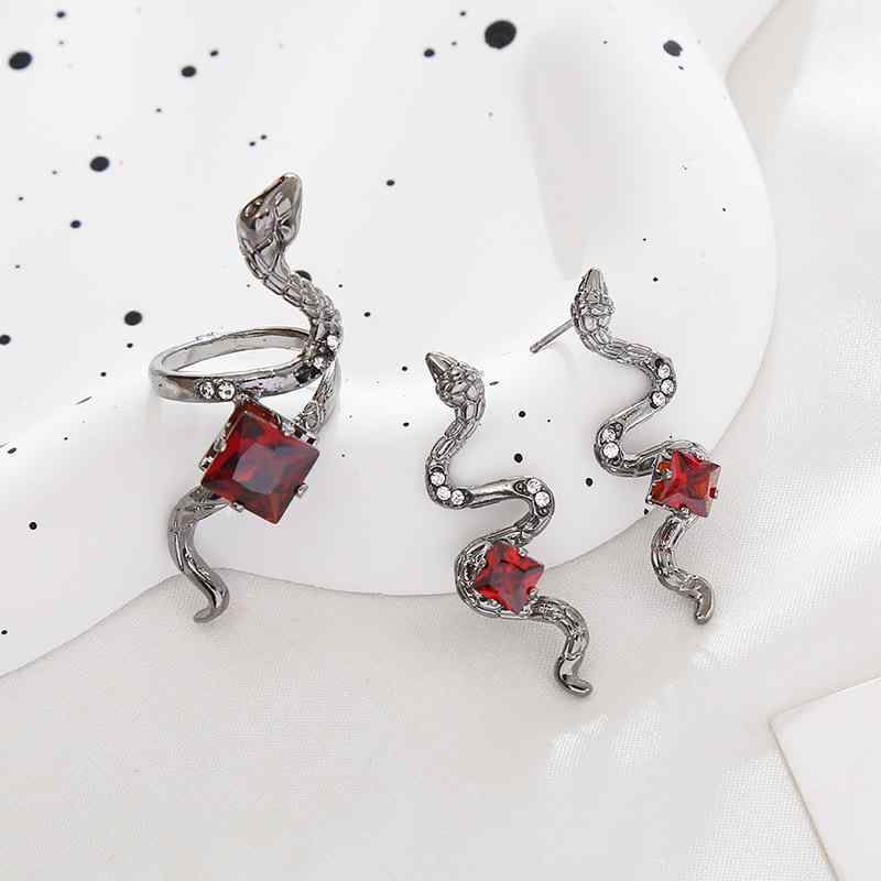 アクセサリー レディース ユニークデザイン ダーク ゴシック クール スタイリッシュ 個性的 大ぶり 蛇モチーフ スネーク ジルコニア ピアス 指輪 リング 合金製 アニマルモチーフ トレンド(4)