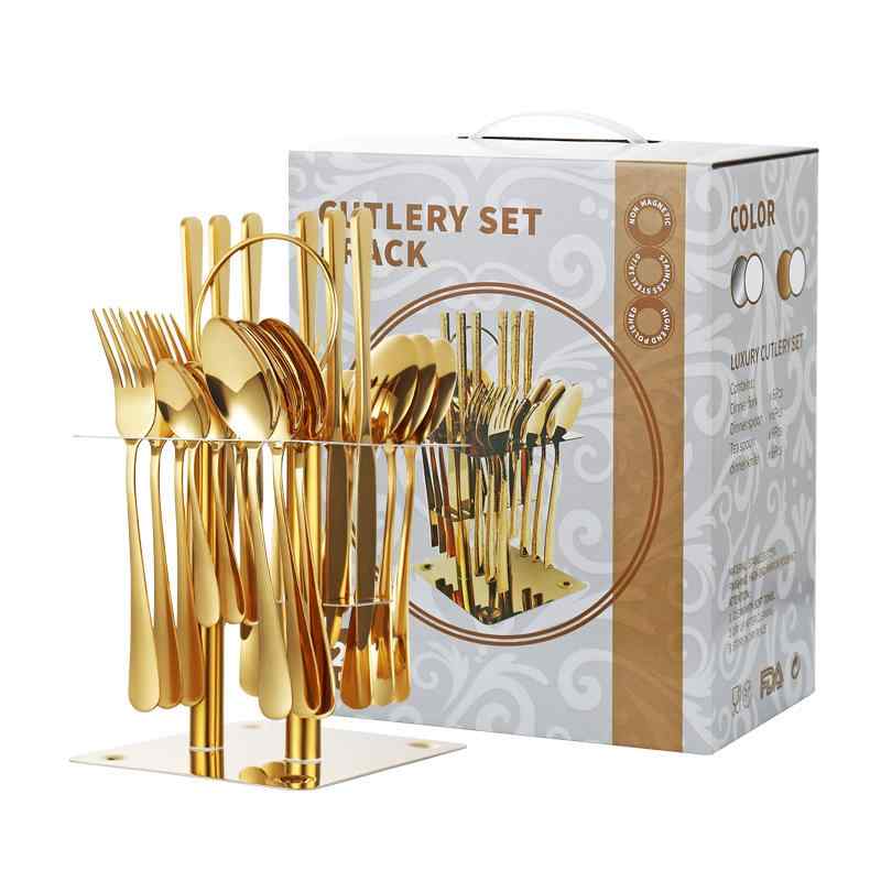カトラリー ステンレス製 24点セット 鏡面仕上げ 洋食器 ディナー ステーキ デザート ナイフ フォーク スプーン スタンド付き シルバー ゴールド モダン ...