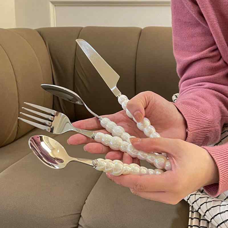 カトラリーセット おしゃれ ステンレス製 パールハンドル 鏡面仕上げ モダン シンプル ナイフ フォーク..