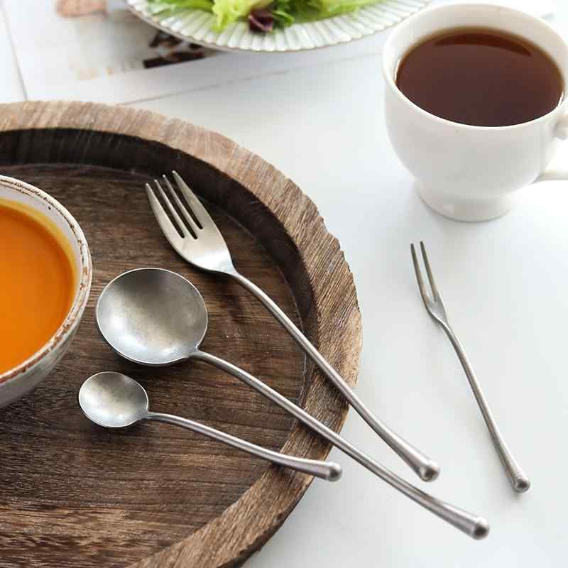 カトラリー レトロ アンティーク調 304ステンレス製 スプーン フォーク ナイフ デザート フルーツ 食卓用 ダイニング 食洗機対応 高品質 シルバー セット
