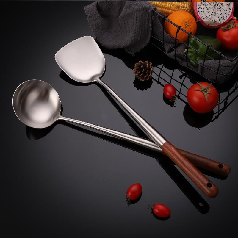 キッチンツール 304ステンレス製 花梨木製 長柄ハンドル 炒め用お玉 炒め用ヘラ 家庭用 業務用 中華料..