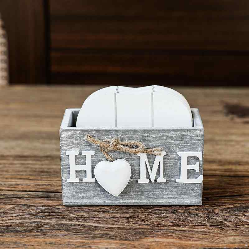 コースター レトロ 木製 ハート型 6枚セット 収納スタンド付き 断熱 滑り止め インテリア おしゃれ リビング ダイニング