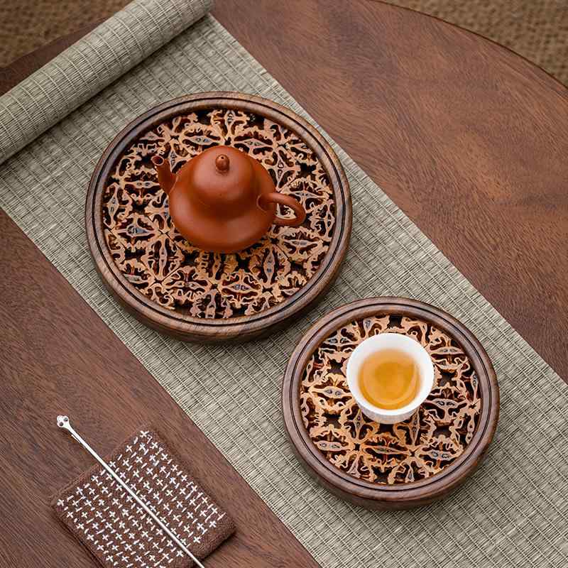 コースター ブラックウォールナット 木製 新中華風 モダン カップマット 茶托 ティーポット置き 急須台..